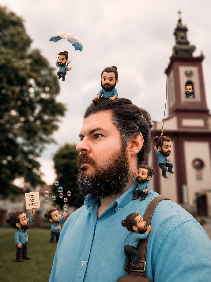 AI Prompt for Generating a Realistic Portrait of a Man with Tiny Clones in a Churchyard