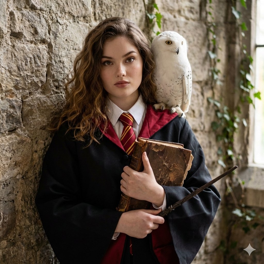 AI Prompt for Generating Hogwarts-Style Portrait with Gryffindor Robe, Wand, and Owl