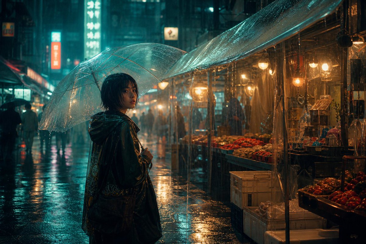 AI Prompt for Generative Nighttime Market Scene with Neon Lights