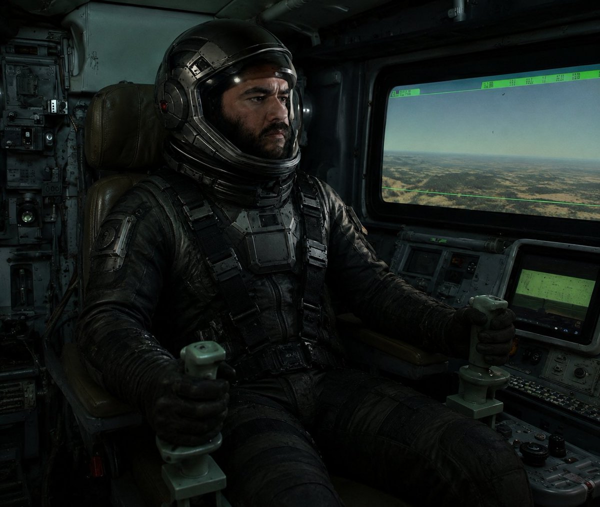 AI Prompt for Gritty Sci-Fi Cockpit with Pilot