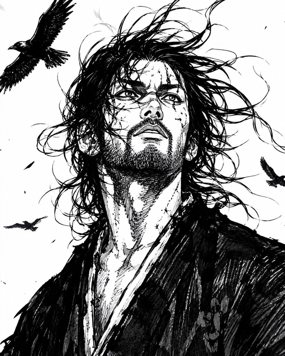 AI Prompt for High-Contrast Anime Illustration with Wild Robed Figure