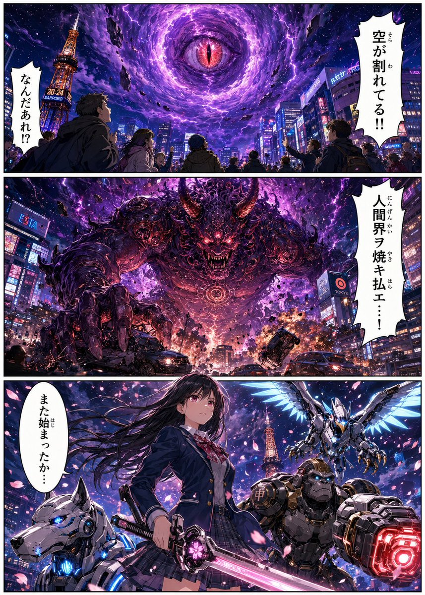 AI Prompt for High-Desgit, Epic Anime Manga Page with Colossal Demon and Robot