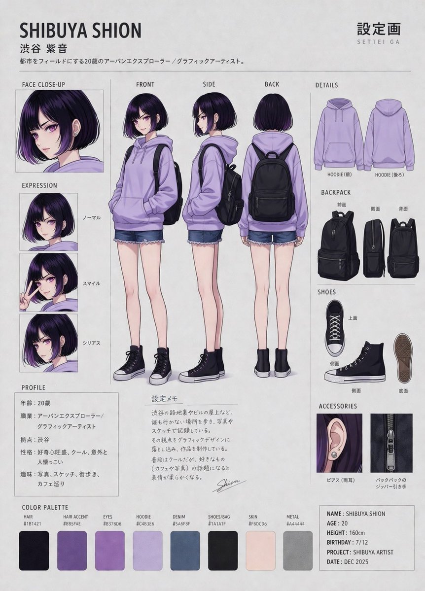 AI Prompt for High-Detail Anime Character Reference Sheet with Expressions and Color Palettes