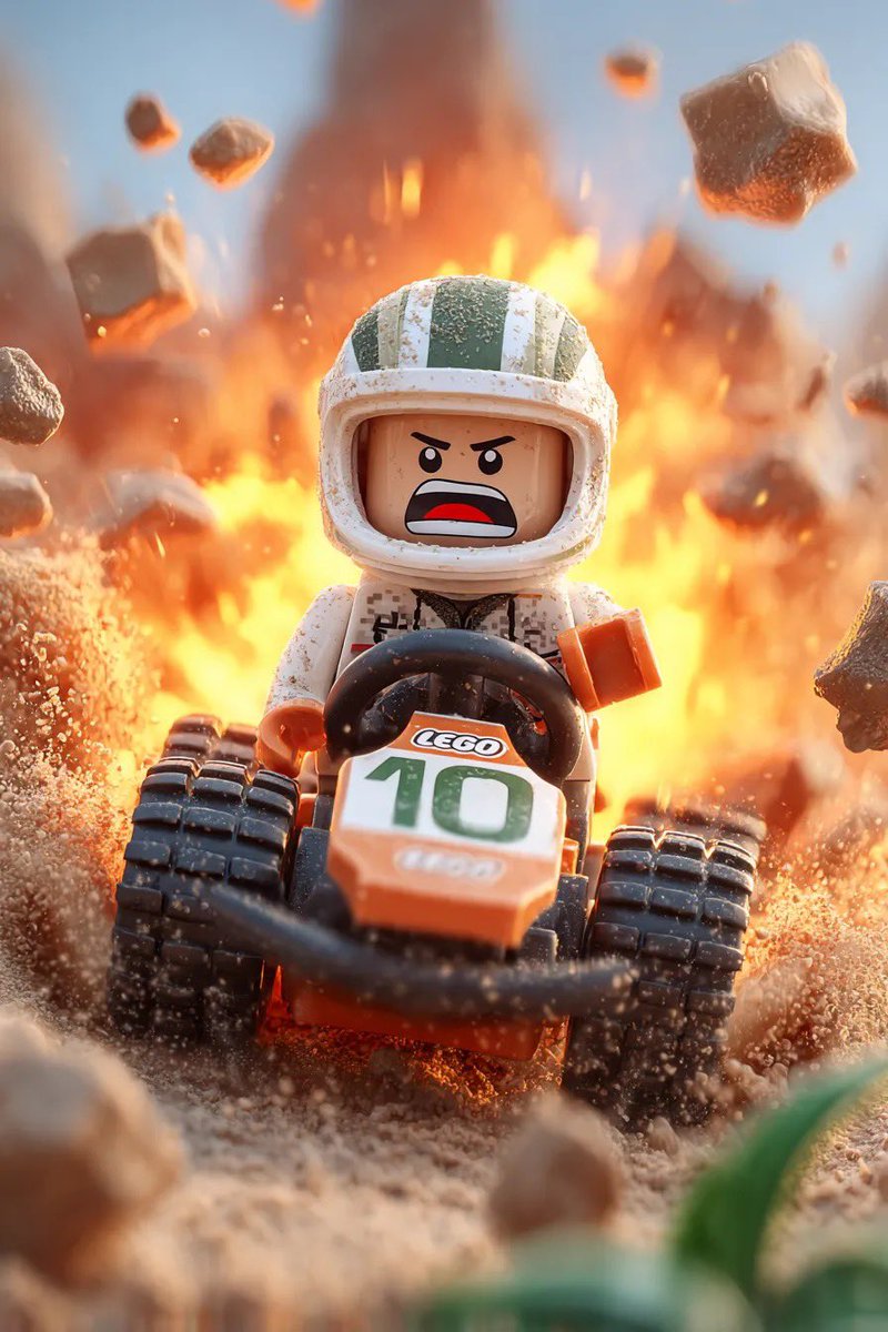 AI Prompt for High-Octane LEGO Action Scene with Exploding Volcano and Driver