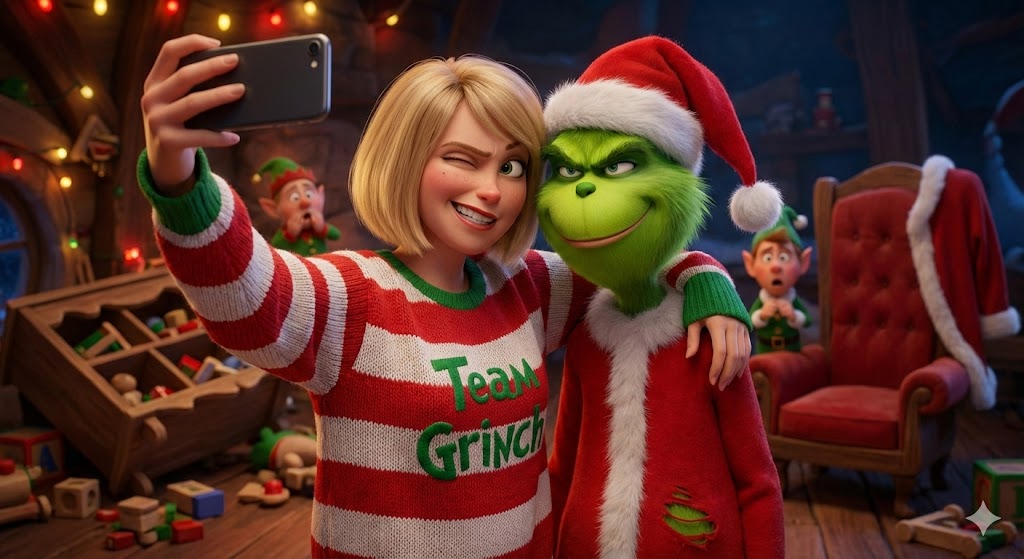 AI Prompt for Holiday Character Photo: Grinch and Woman Selfie in Workshop