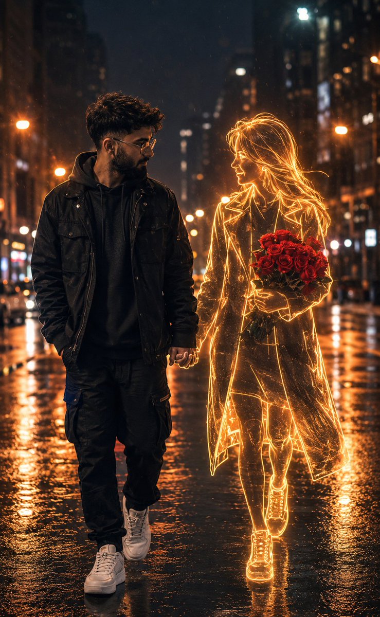 AI Prompt for Holographic Romantic Scene: City Street at Night