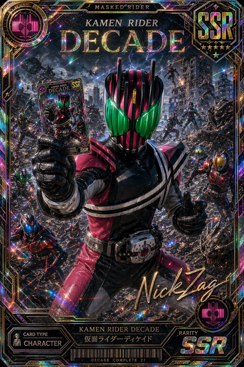 AI Prompt for Holographic Tokusatsu Trading Card with Kamen Rider Decade