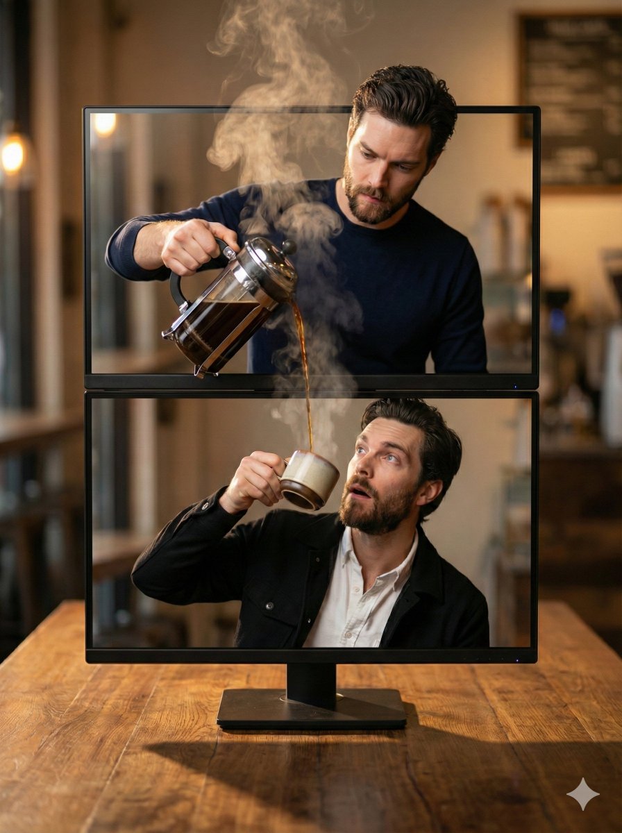 AI Prompt for Hyper Realistic Dual Monitor Coffee Art Cinematic Scene