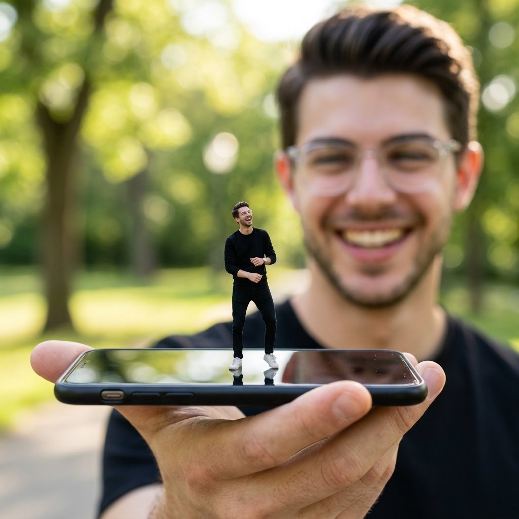 AI Prompt for Hyper-Realistic Forced Perspective Miniature Self Portrait on Smartphone