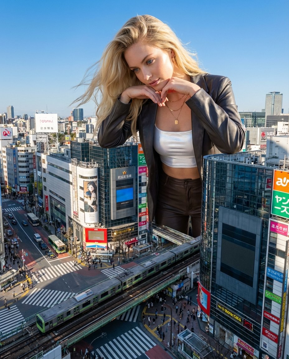 AI Prompt for Hyper-Realistic Giant Woman at Shibuya Crossing with High-Fashion Style
