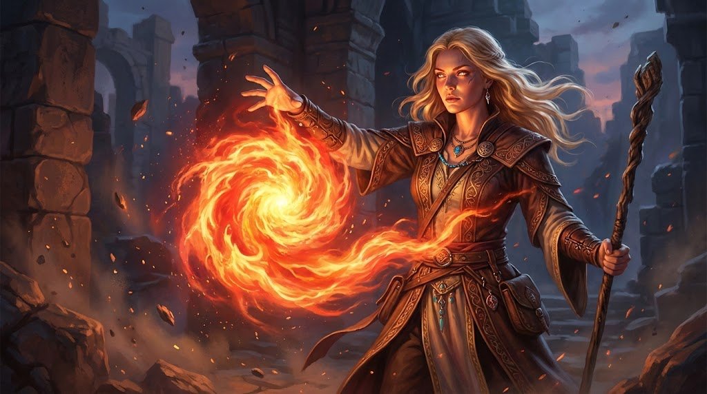 AI Prompt for Hyperrealistic Digital Painting of Female Fire Mage for Fantasy RPG