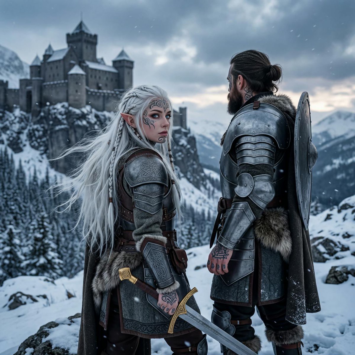 AI Prompt for Hyperrealistic Tattoed Elf Couple Portrait in Winter Landscape
