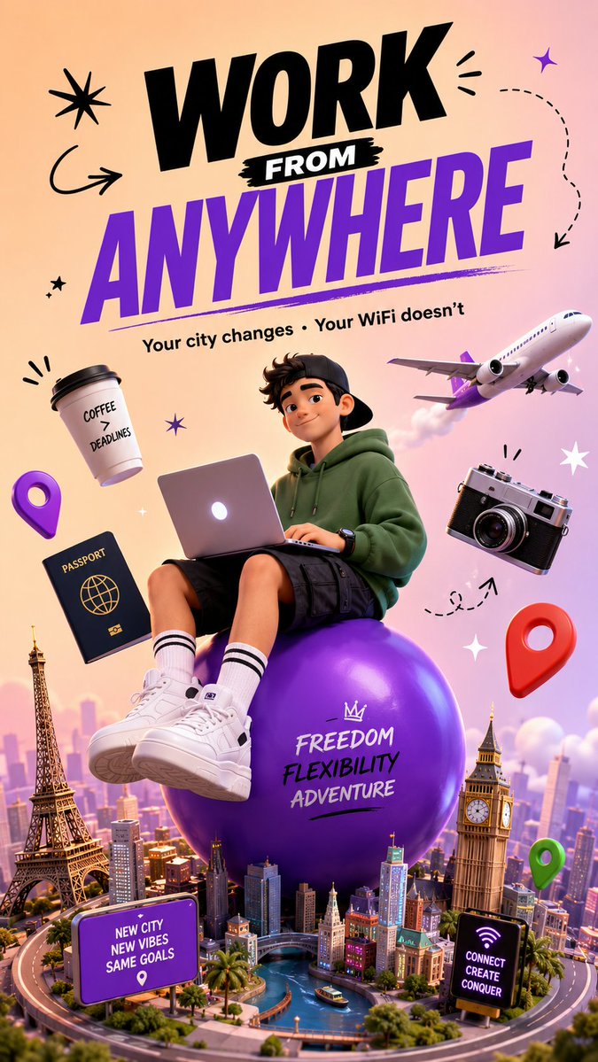 AI Prompt for Interactive Digital Nomad Lifestyle Poster in 3D Cartoon Style