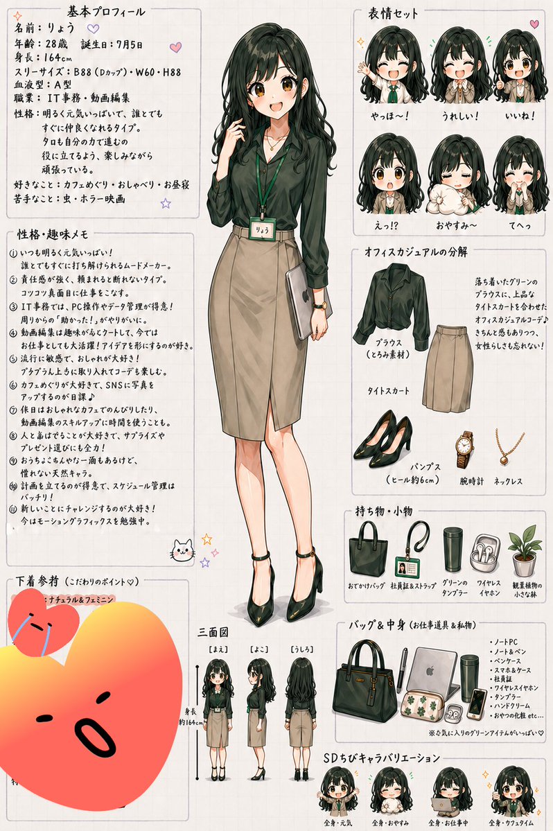 AI Prompt for Japanese Office Lady Anime Style Character Reference Sheet