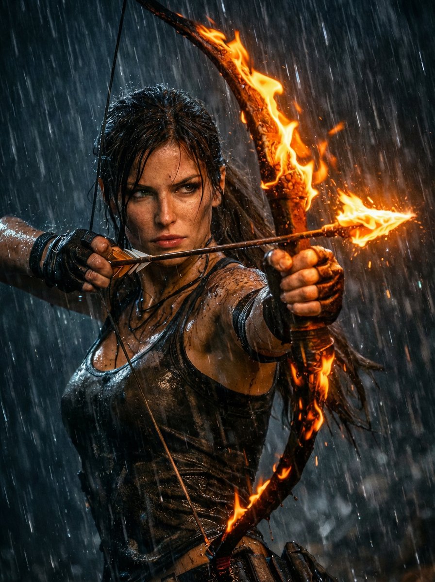 AI Prompt for Lara Croft with Fiery Recurve Bow in Heavy Nighttime Downpour
