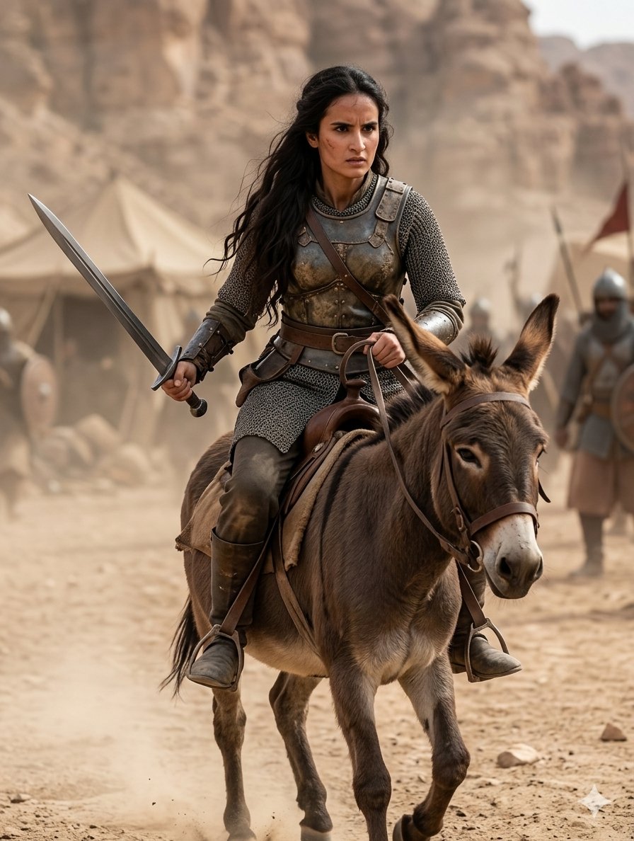 AI Prompt for Medieval Fantasy Warrior Female Character with Donkey in Desert Landscape
