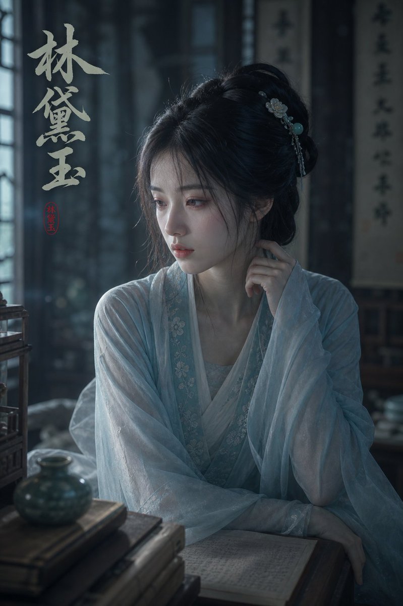 AI Prompt for Melancholic Ancient Chinese Portrait: Hanfu, Calligraphy, and Red Chamber