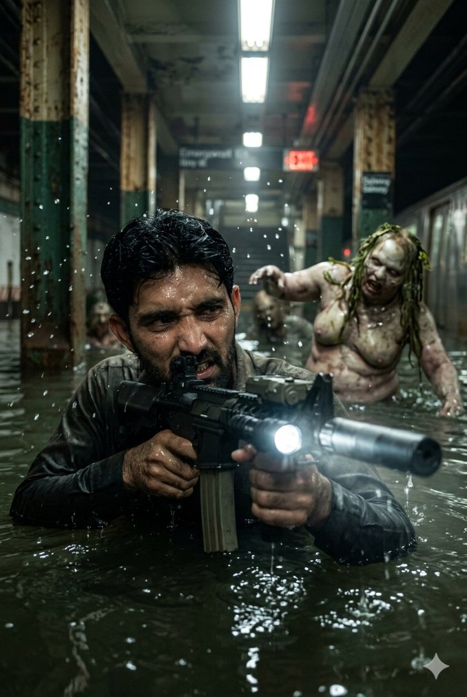 AI Prompt for Moody Cinematic Subway Scene with Armed Hero and Grotesque Pursuer