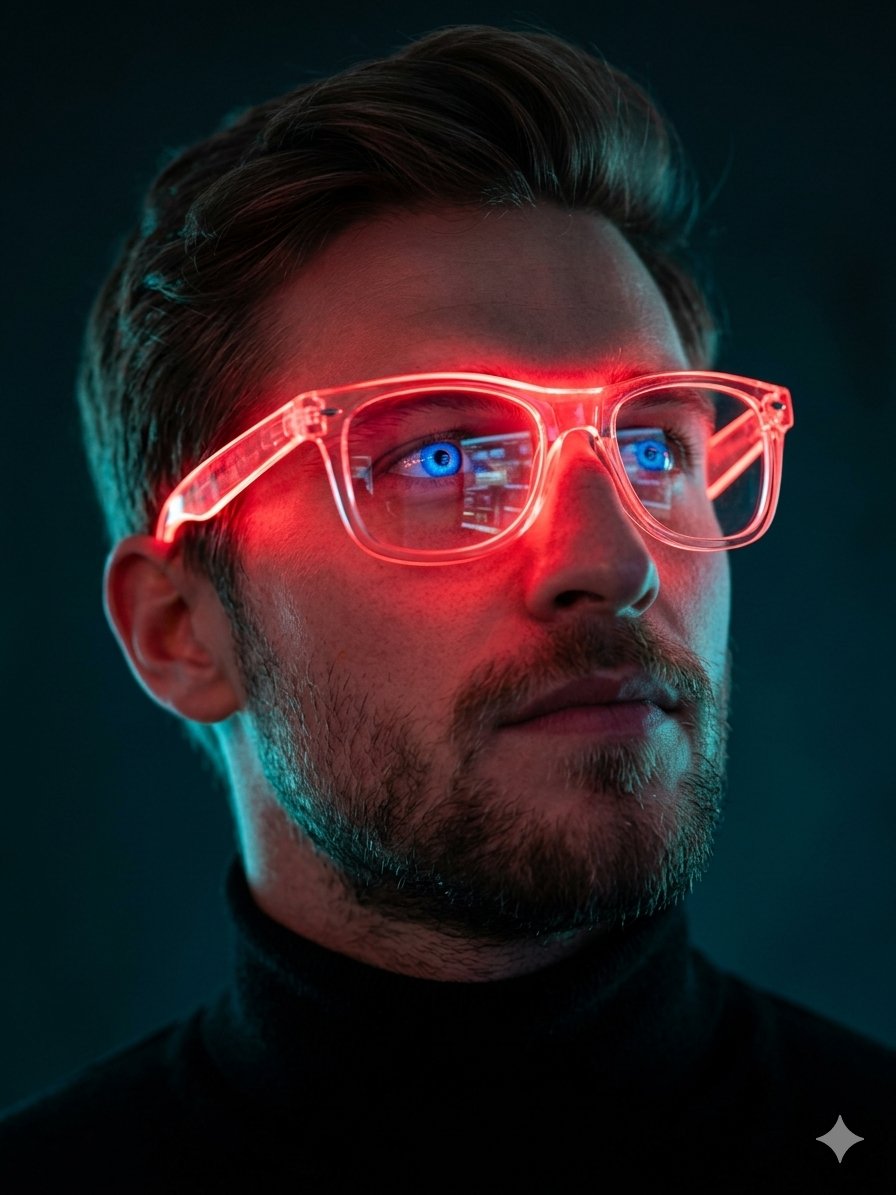 AI Prompt for Neon Cyberpunk Portrait with Glowing Red Glasses