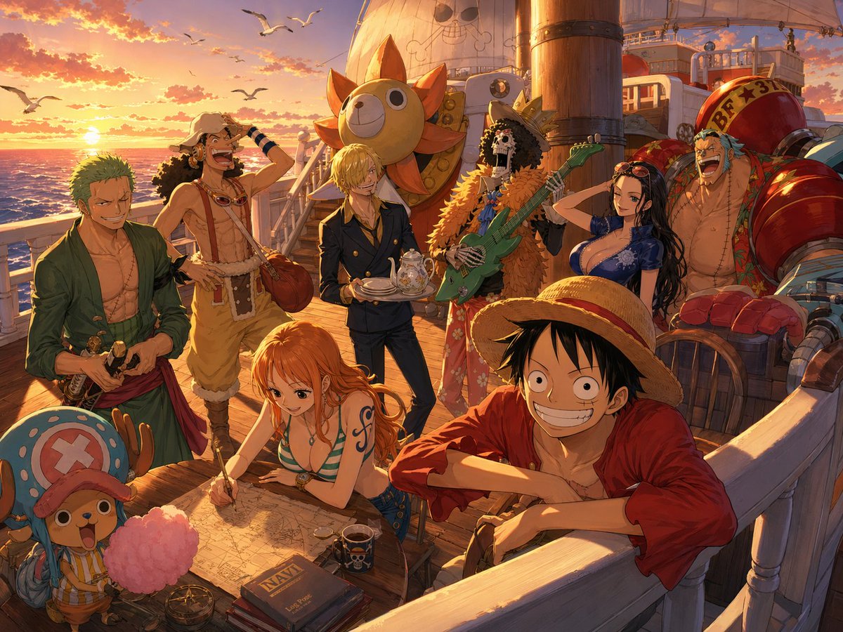 AI Prompt for One Piece Straw Hat Crew Sunset Scene