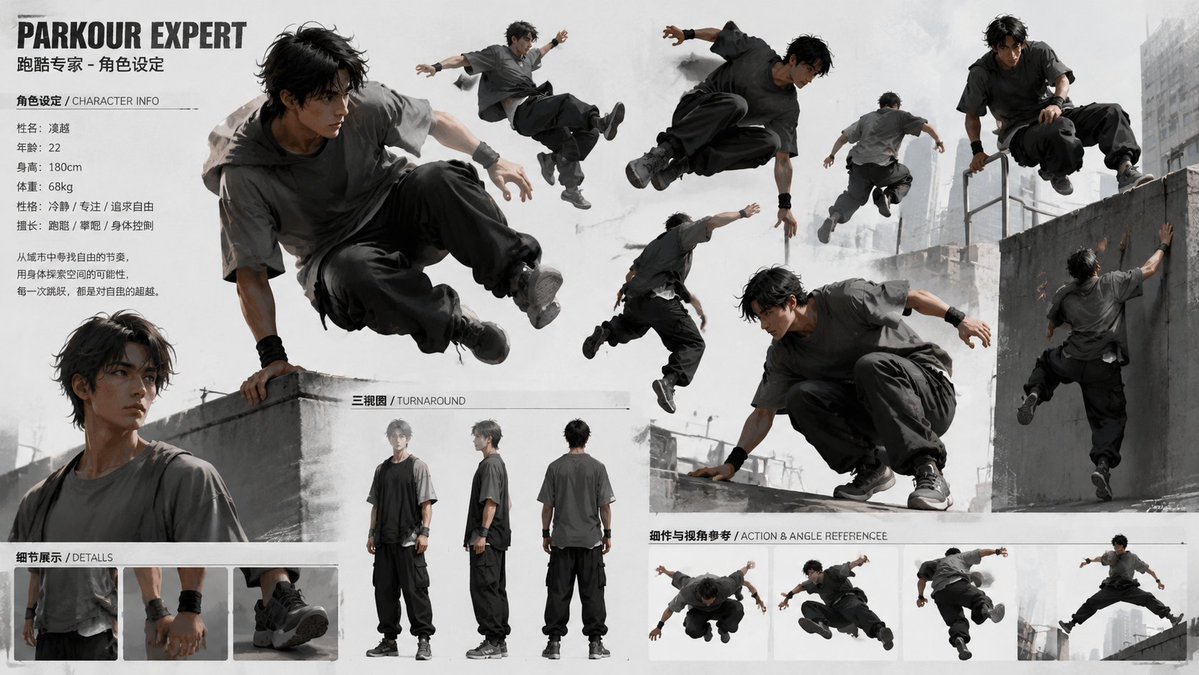 AI Prompt for Parkour Character Concept Art with Multiple Poses and Perspectives