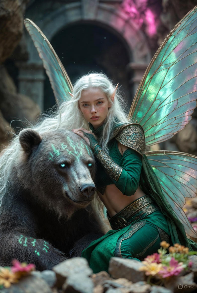 AI Prompt for Photorealistic Fantasy Scene: Fairy and Muscular Bear in Cavern