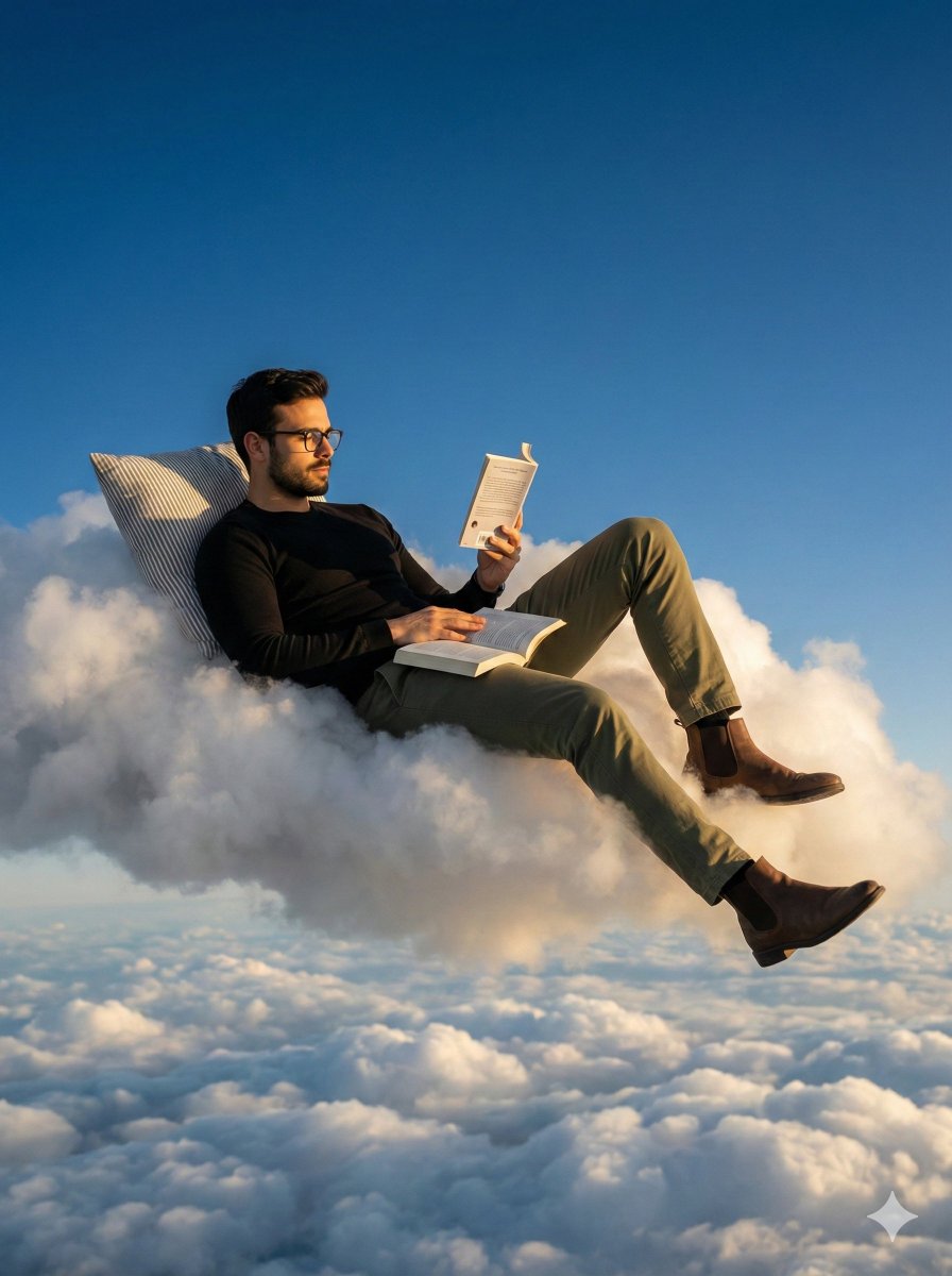 AI Prompt for Photorealistic Surreal Scene Generation: Man Reclining on a Floating Cloud
