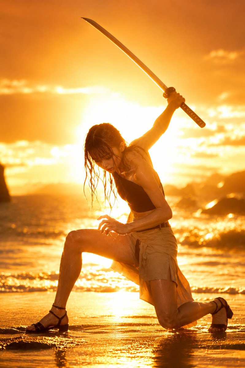 AI Prompt for Photorealistic Warrior Scene with Sunset Beach Lighting