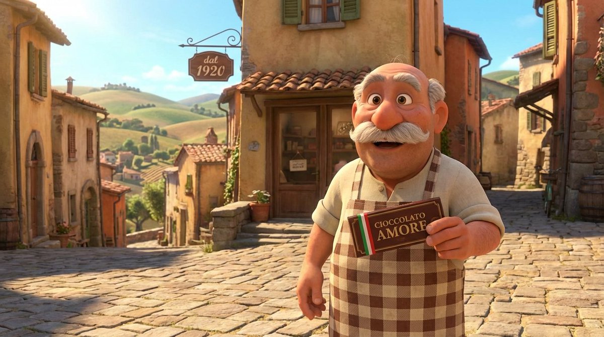 AI Prompt for Pixar Style Character Illustration: Italian Man with Chocolate Shop