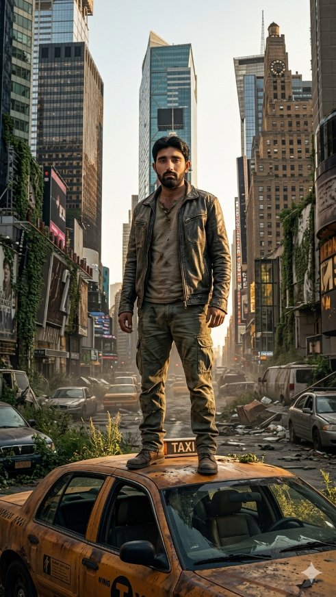 AI Prompt for Post-Apocalyptic Taxi Survivor - Desolate Times Square Cityscape