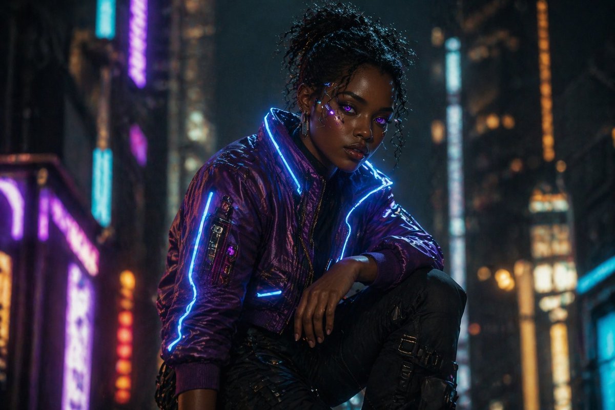 AI Prompt for Realistic Cyberpunk Female Portrait with Neon Cityscape