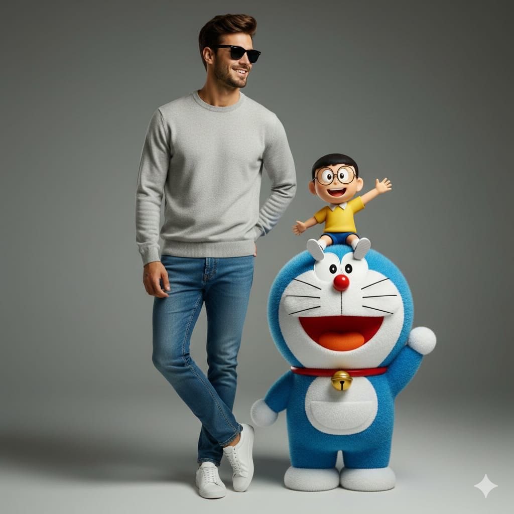 AI Prompt for Realistic Studio Portrait with 3D Doraemon and Nobita