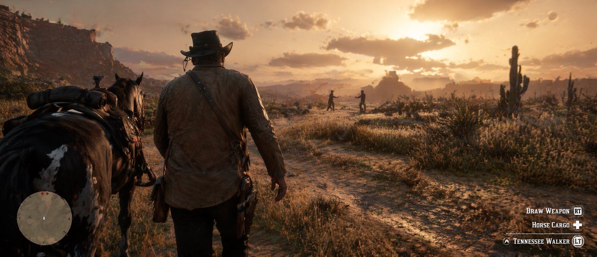 AI Prompt for Realistic Western Game Screenshot: Cowboy and Horse in Desert Landscape
