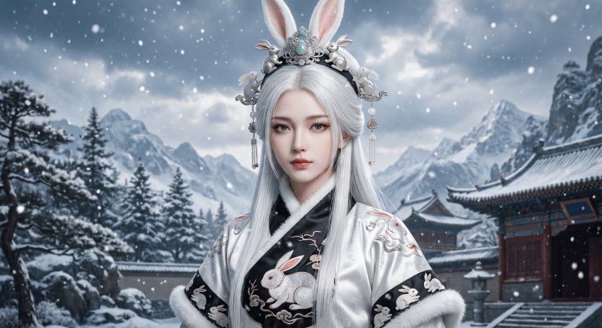 AI Prompt for Regal Rabbit Hanfu Portrait in Snowy Temple