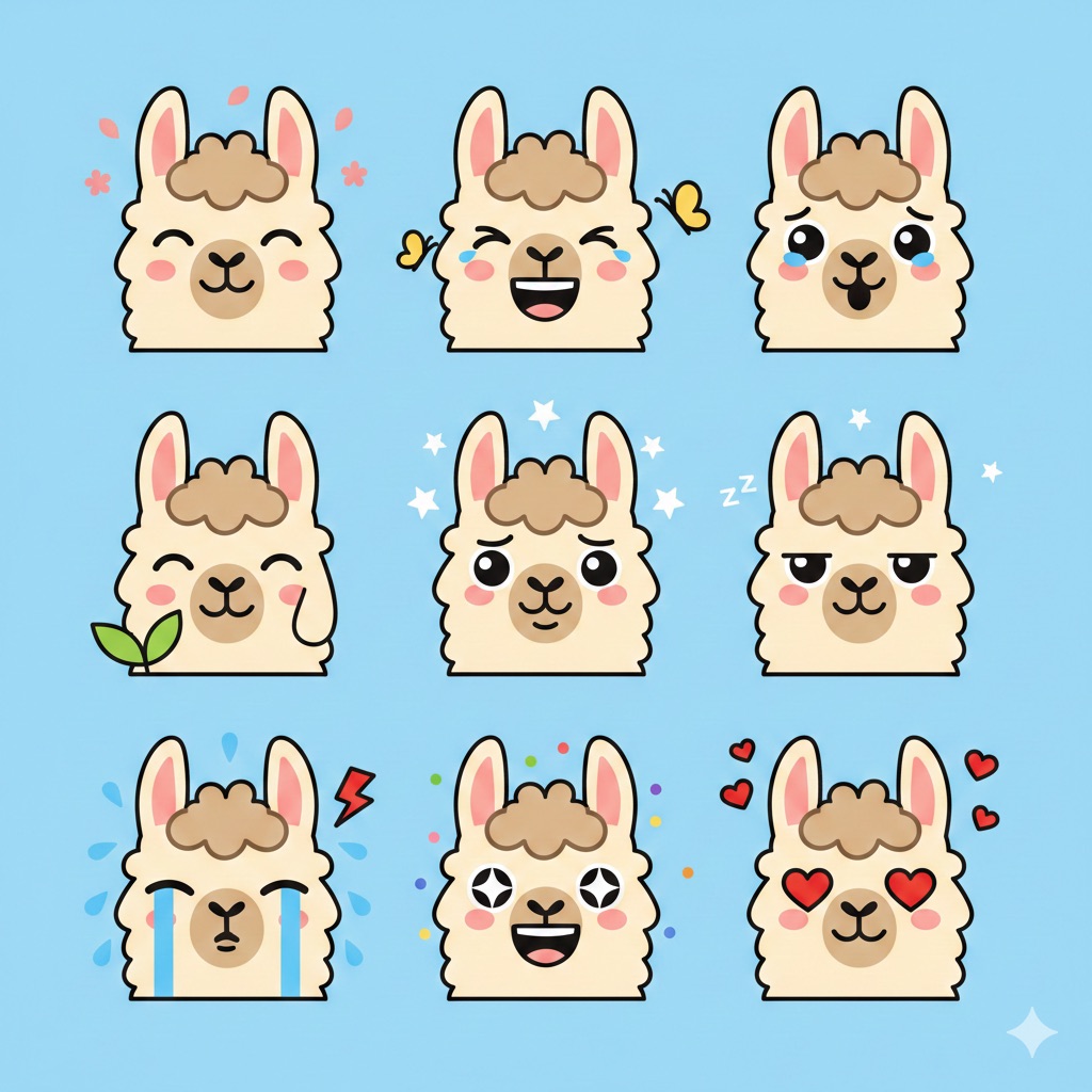 AI Prompt for Requesting a 2D Flat Vector Llama Emoji Head Portrait