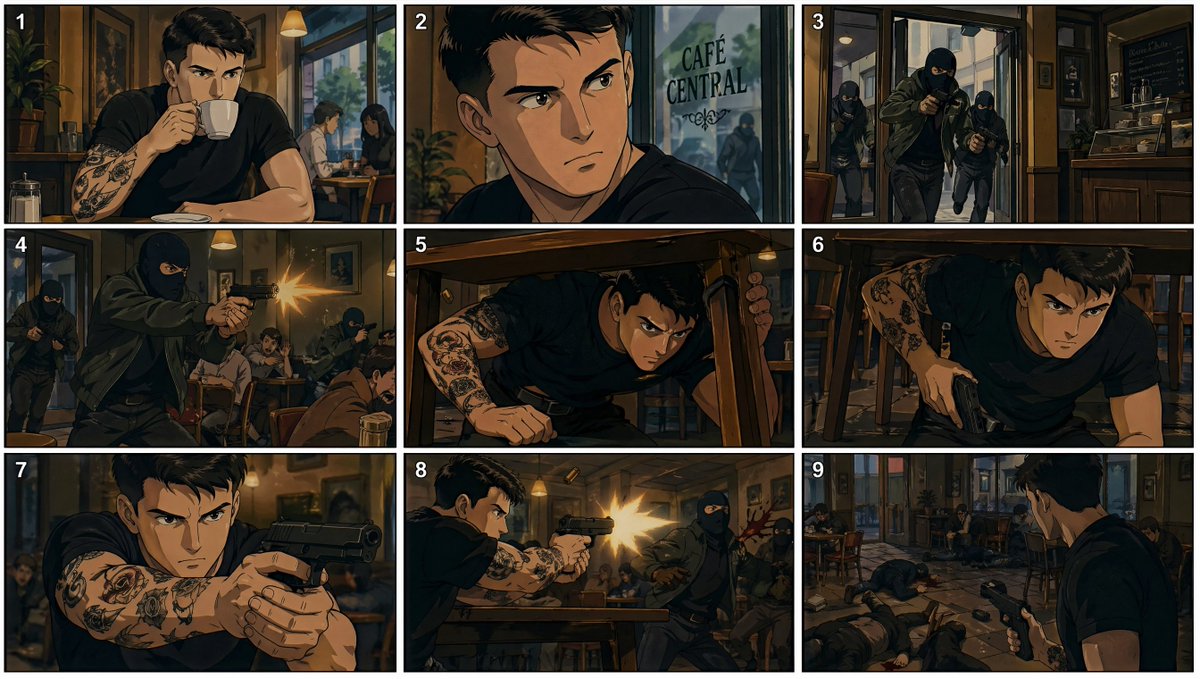 AI Prompt for Retro Anime-Style Action Scene: Cafe Robbery 