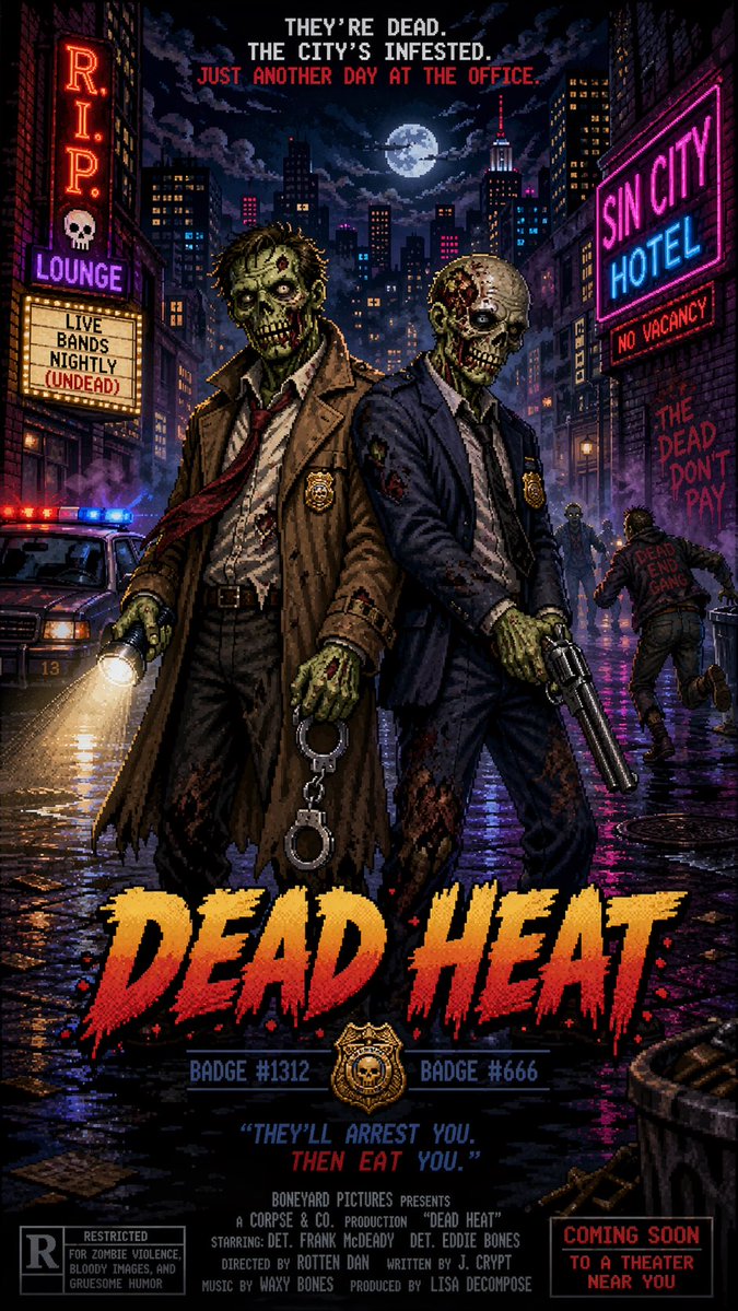 AI Prompt for Retro Pixel Art Buddy Cop Zombie Detective Movie Poster