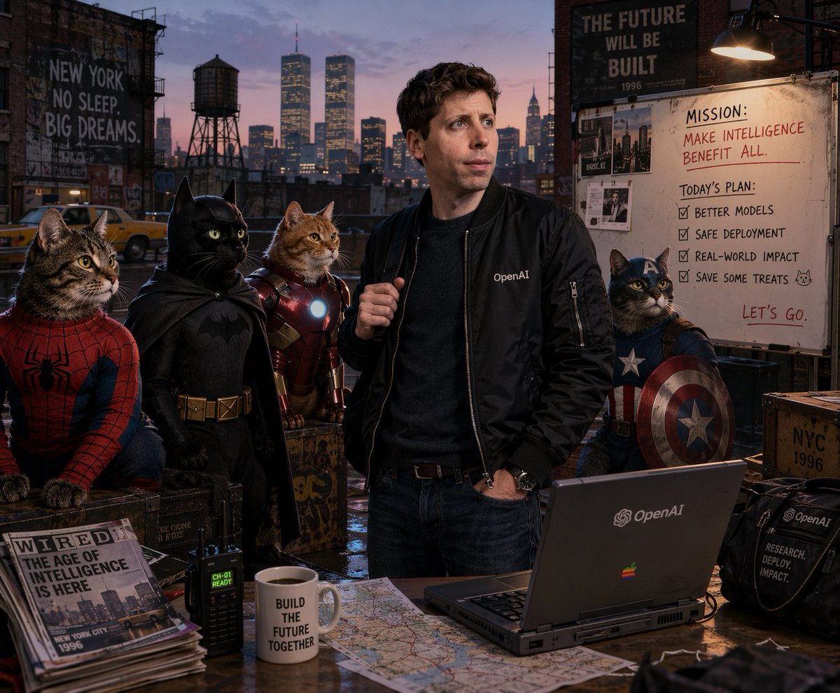AI Prompt for Retro Tech Leader with Superhero Cats in 90s Cityscape