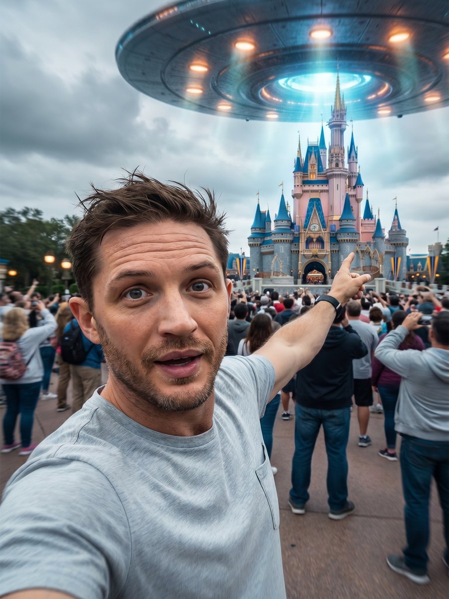 AI Prompt for Sci-Fi Cinematic Character Reaction to UFO Invasion in Theme Park