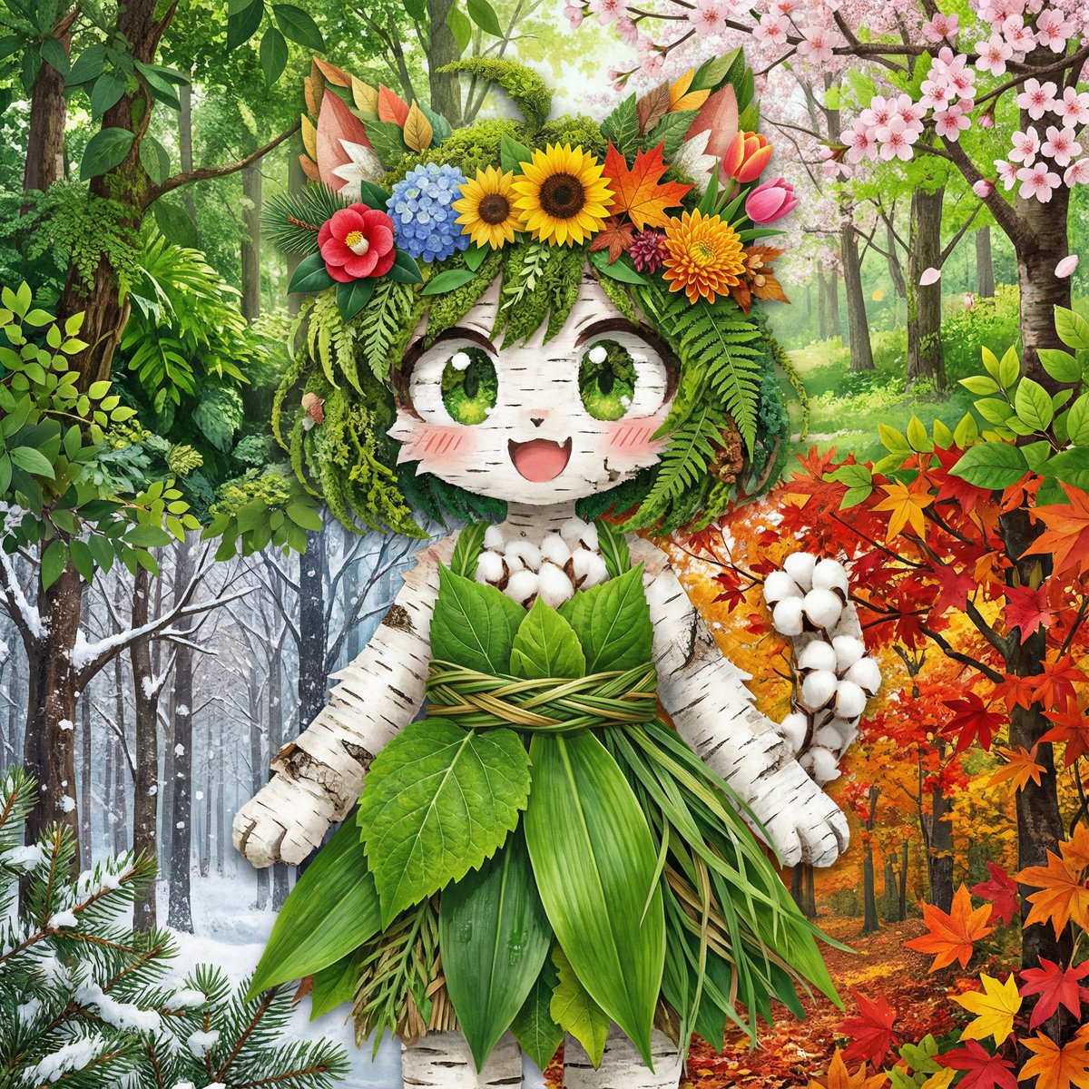 AI Prompt for Seasonal Forest Plant Character Art - No Outlines, Spring to Winter