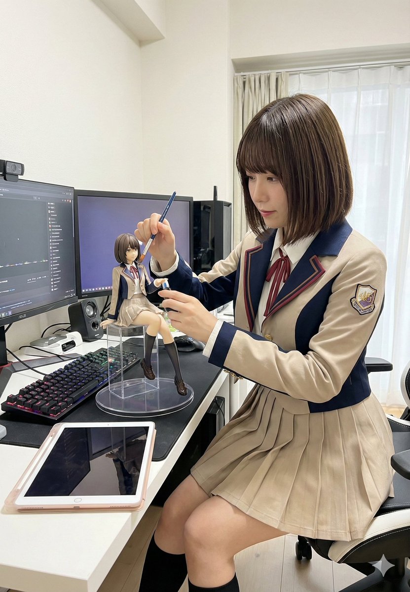 AI Prompt for Social Media Post: Young Woman Cleaning Scale Figure in Home Office