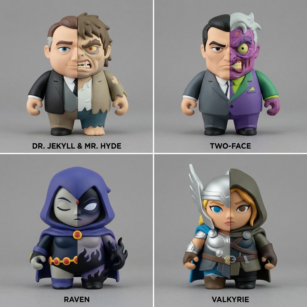 AI Prompt for Split Identity Vinyl Toy Design with Unique Visual Effects
