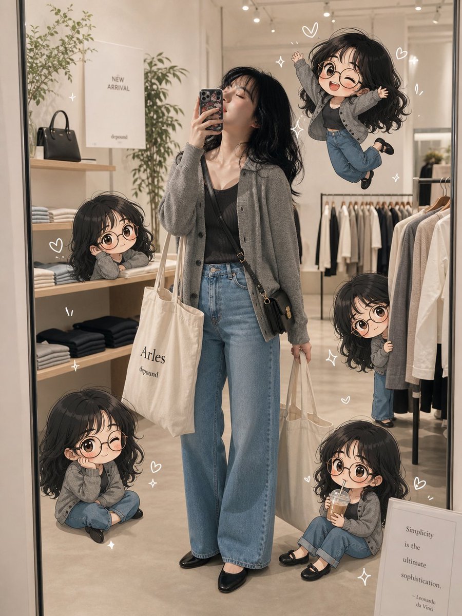 AI Prompt for Stylish Boutique Mirror Selfies with Chibi Characters