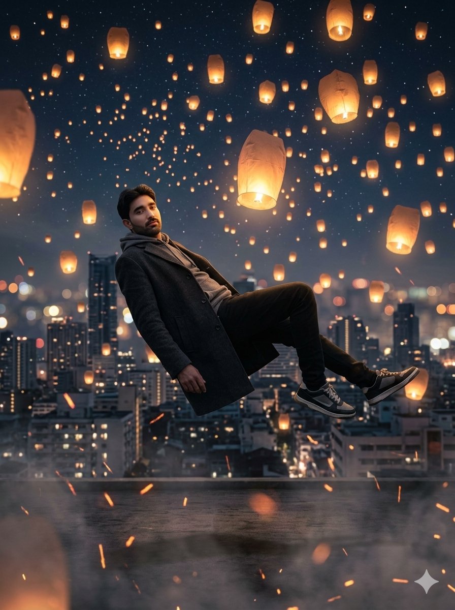 AI Prompt for Surreal Cinematic Cityscape with Levitating Man and Glowing Lanterns