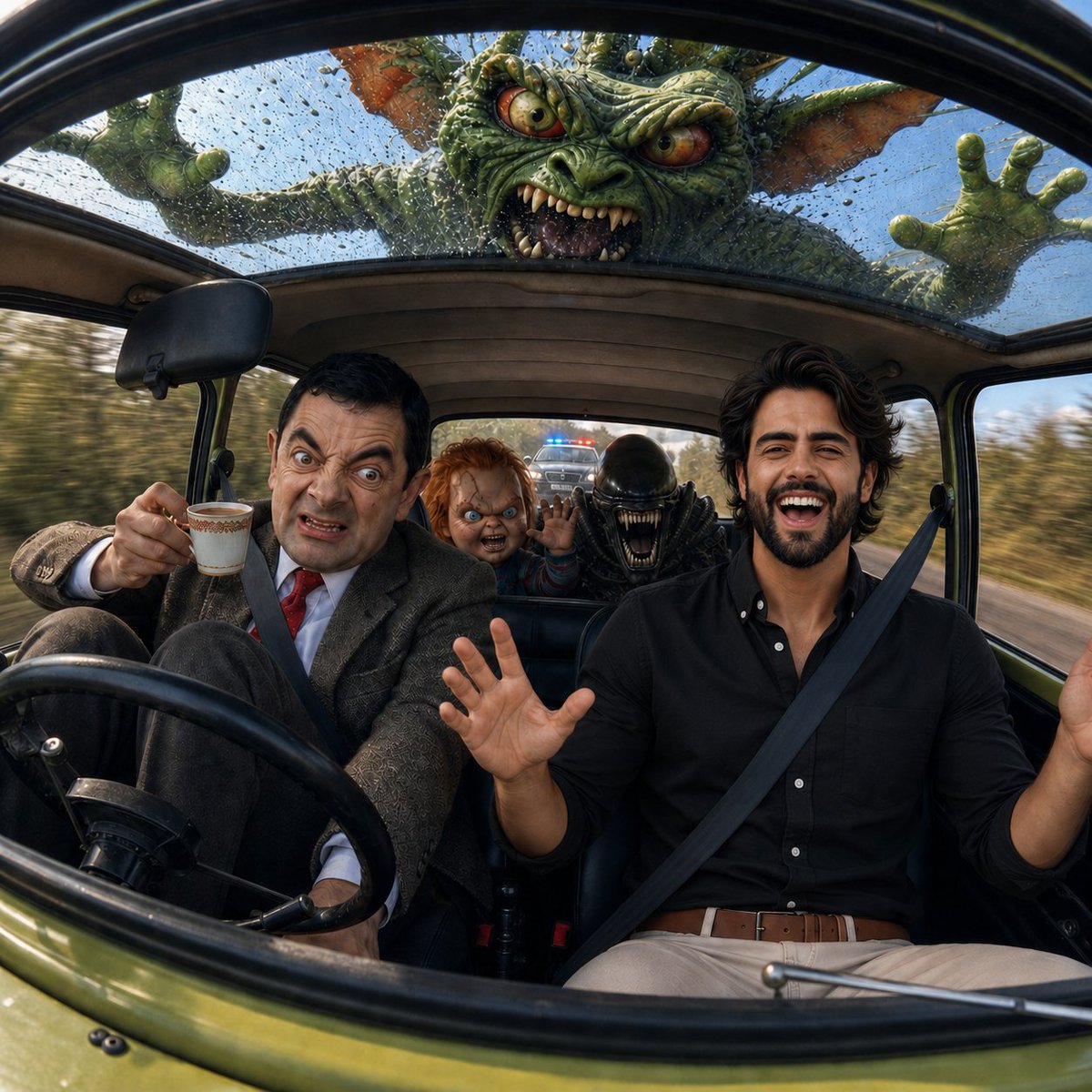 AI Prompt for Surreal Comedy Image with Mr. Bean and Vintage Mini Cooper