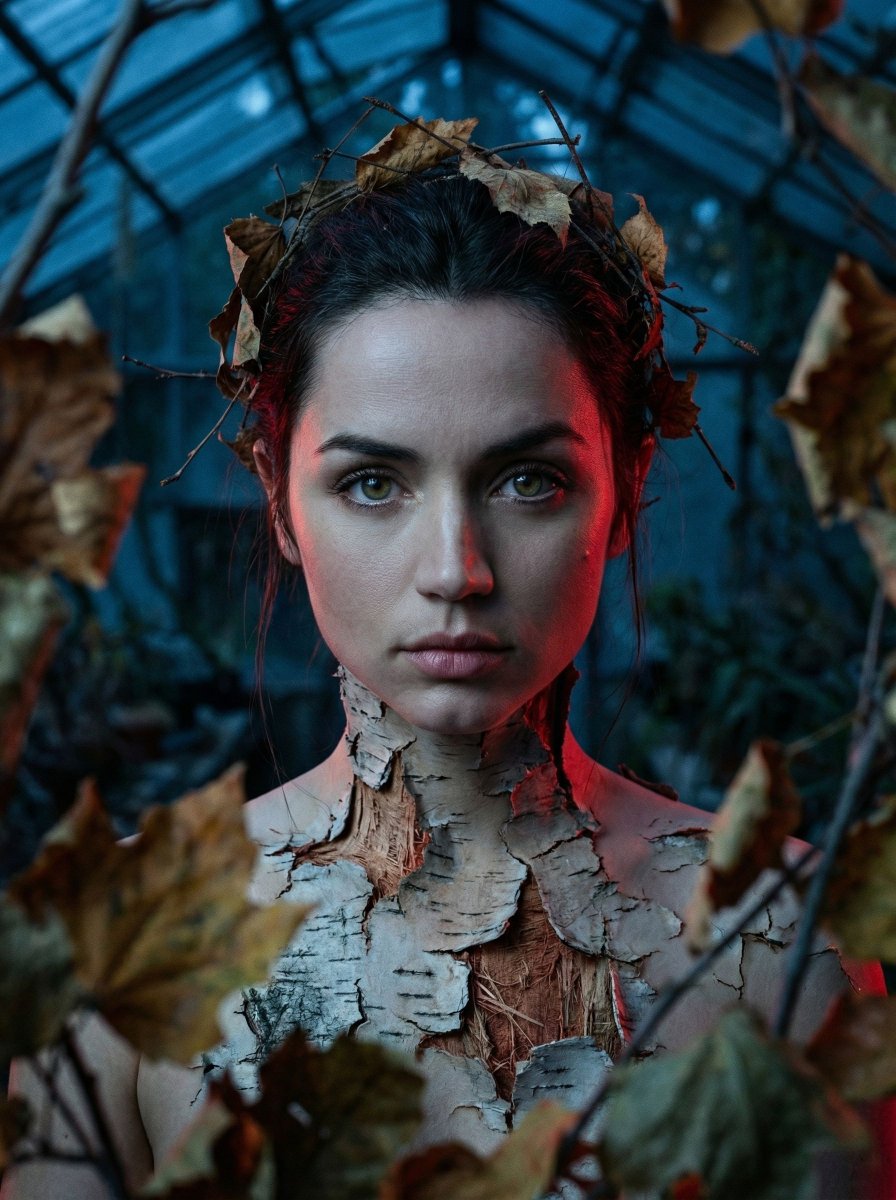 AI Prompt for Surreal Portrait with Birch Bark Skin and Greenhouse Setting