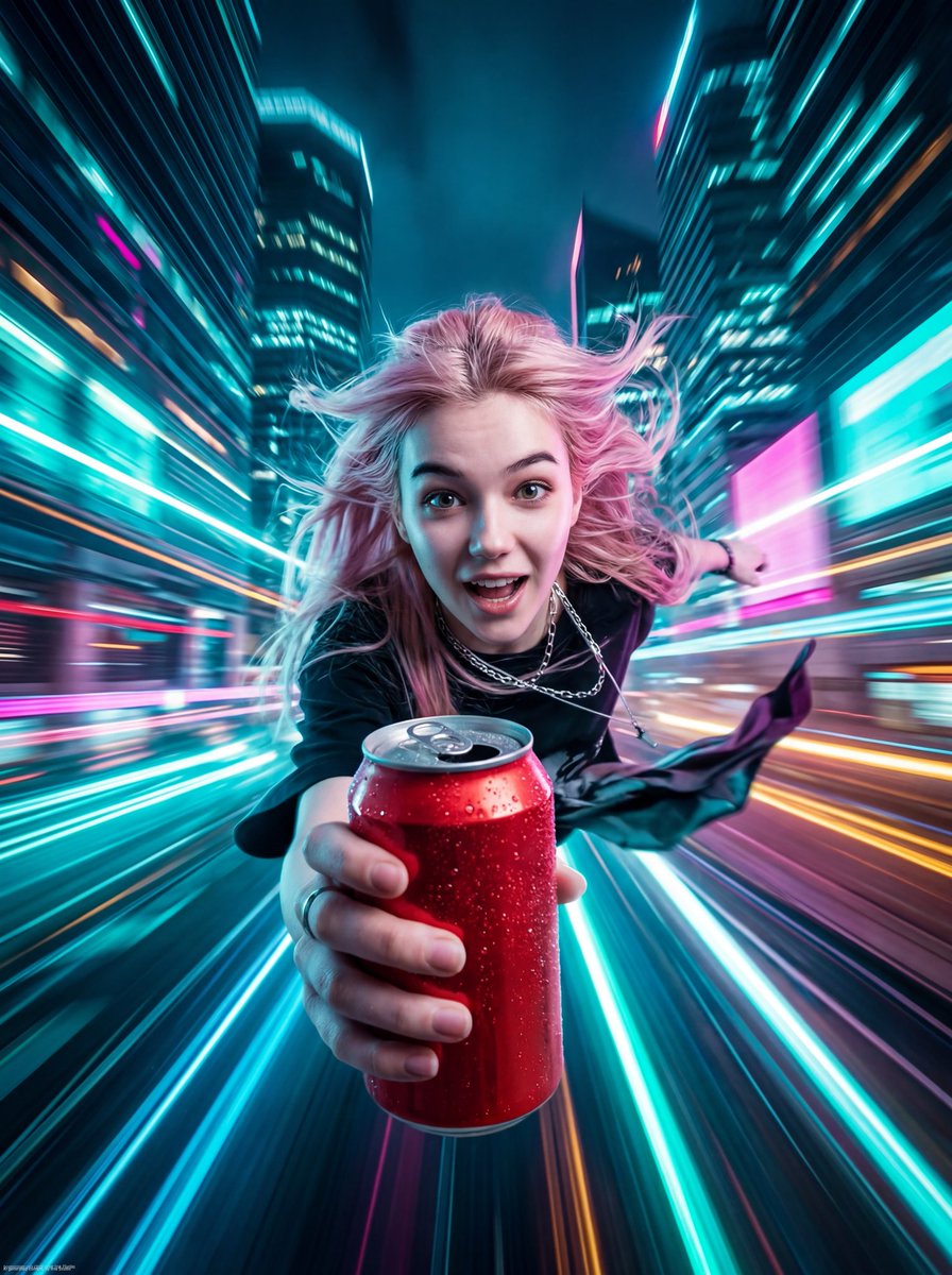 AI Prompt for Ultra-Dynamic Cyberpunk Portrait with Flying Girl Holding Soda
