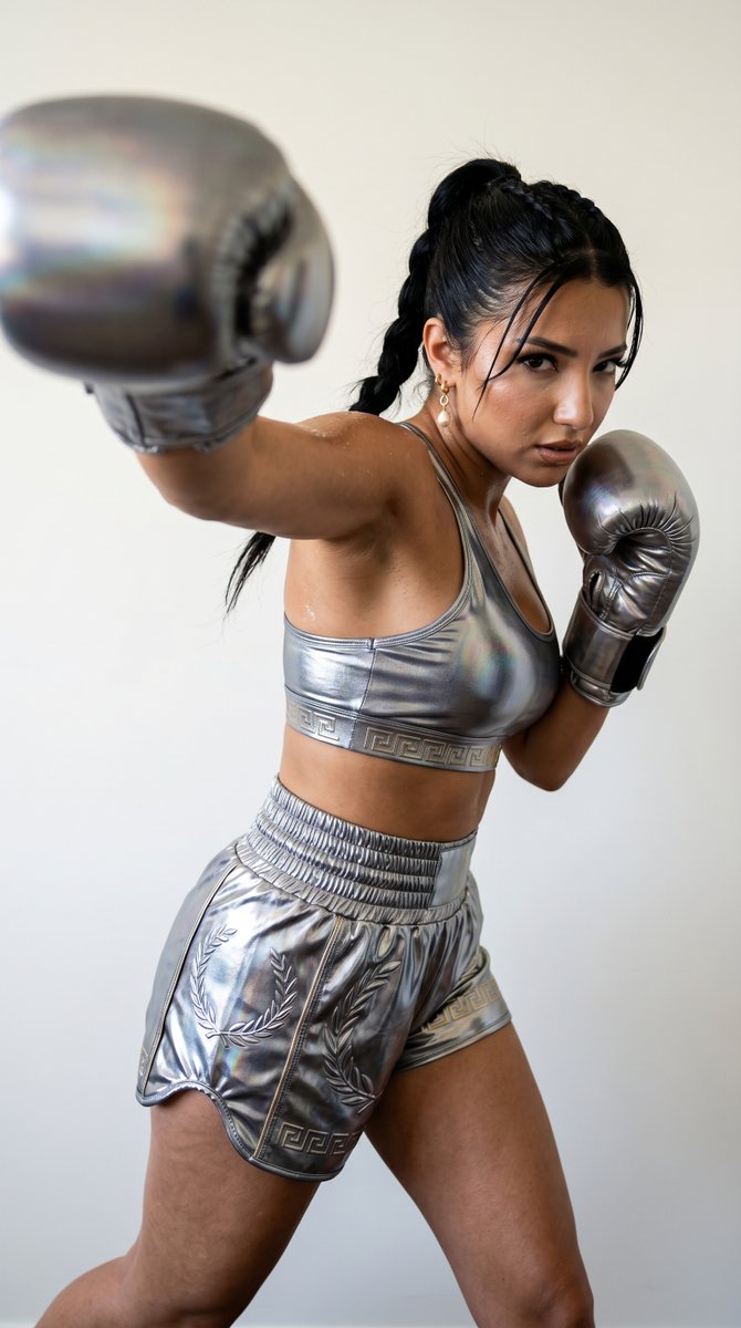 AI Prompt for Warrior-Athlete Portraits with Metallic Boxing Gear