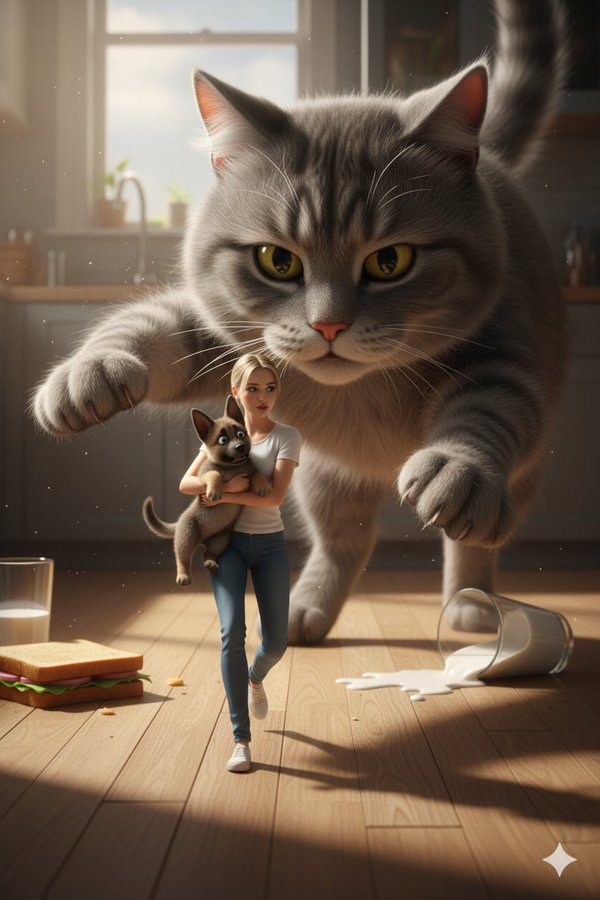 AI Prompt for Whimsical Size Disparity Scene with Giant Cat and Tiny Woman