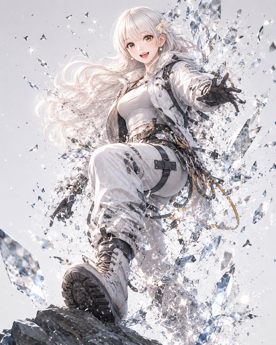 AI Prompt for White-Haired Crystal Action Heroine Anime Character Illustration